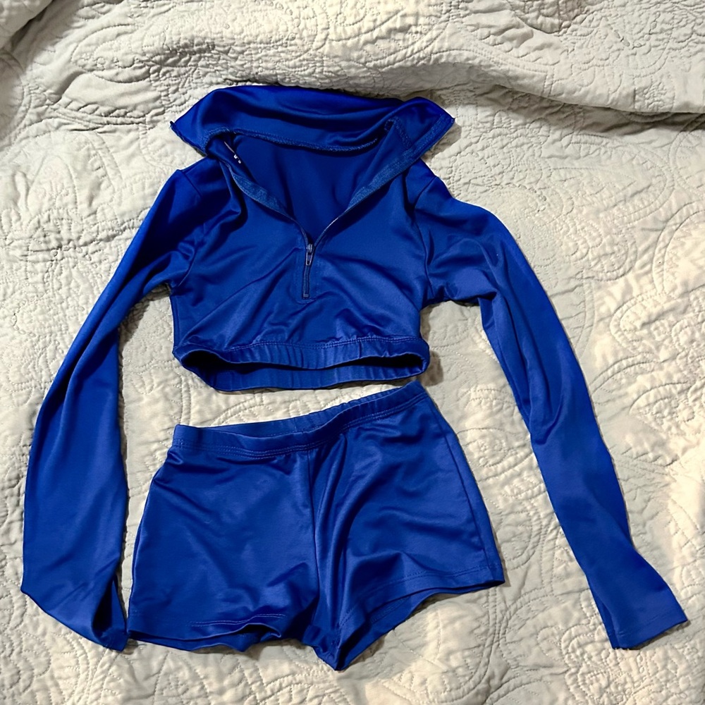 Blue Zip-Up Crop Top and Shorts Set